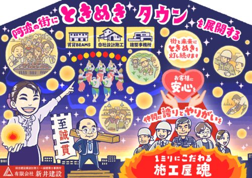 【ビジョンイラスト・経営理念】徳島：新井建設｜10年ビジョン「阿波の街にときめきタウンを展開する」